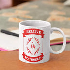 Personalised Believe in Yourself ceramic mug featuring the motivational quote with an optional name or message on the reverse.