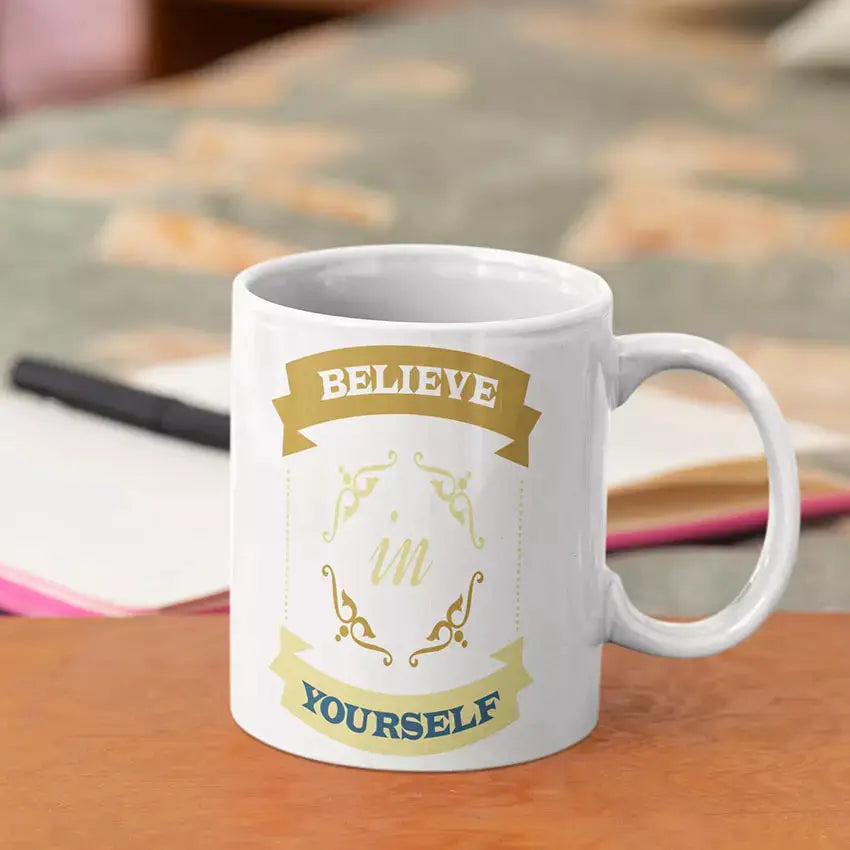Reverse of Believe in Yourself personalised mug showing a custom name or encouraging message.