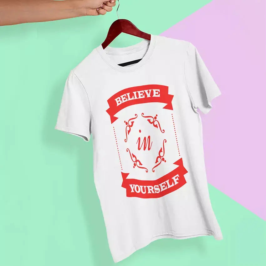 Personalised Believe in Yourself cotton T-shirt featuring the inspirational slogan with a custom name printed beneath the design.