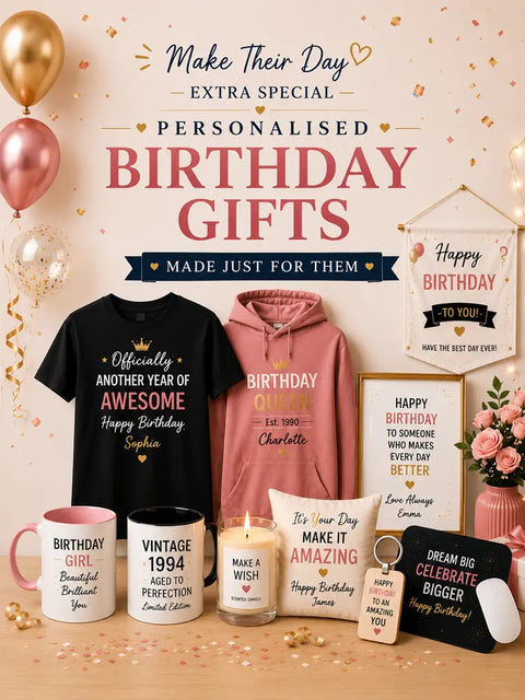 personalised birthday gifts banner mugs t shirts hoodies candle cushion framed wall art keyring mousemat custom birthday gifts