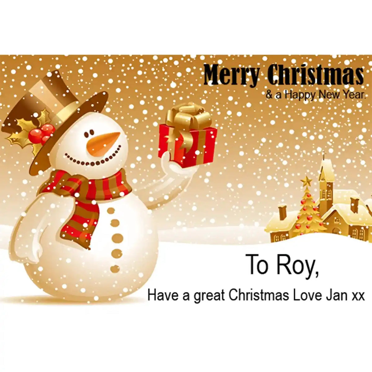 Personalised Christmas card with snowman and custom festive message