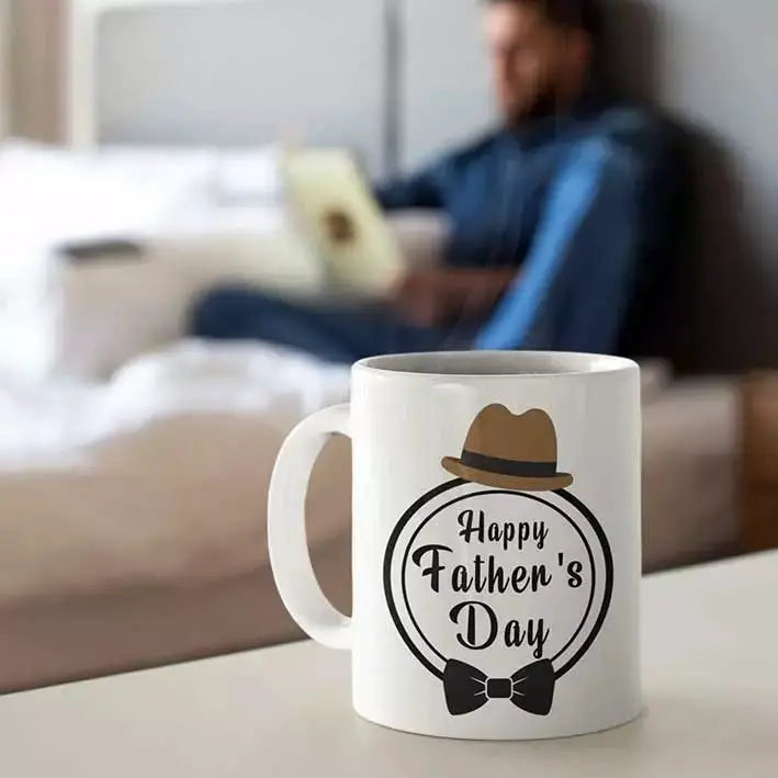 Personalised Happy Father's Day ceramic mug featuring a hat and bow tie design, a thoughtful gift for Dad.