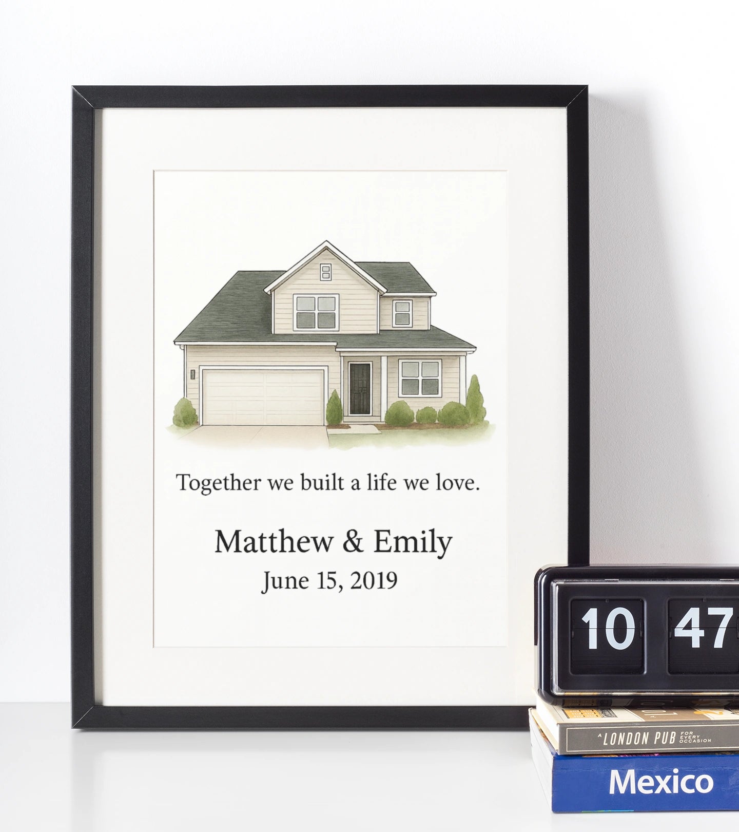 Personalised house portrait print with custom names and date, sentimental new home gift, bespoke couple photo frame celebrating the life you built together.
