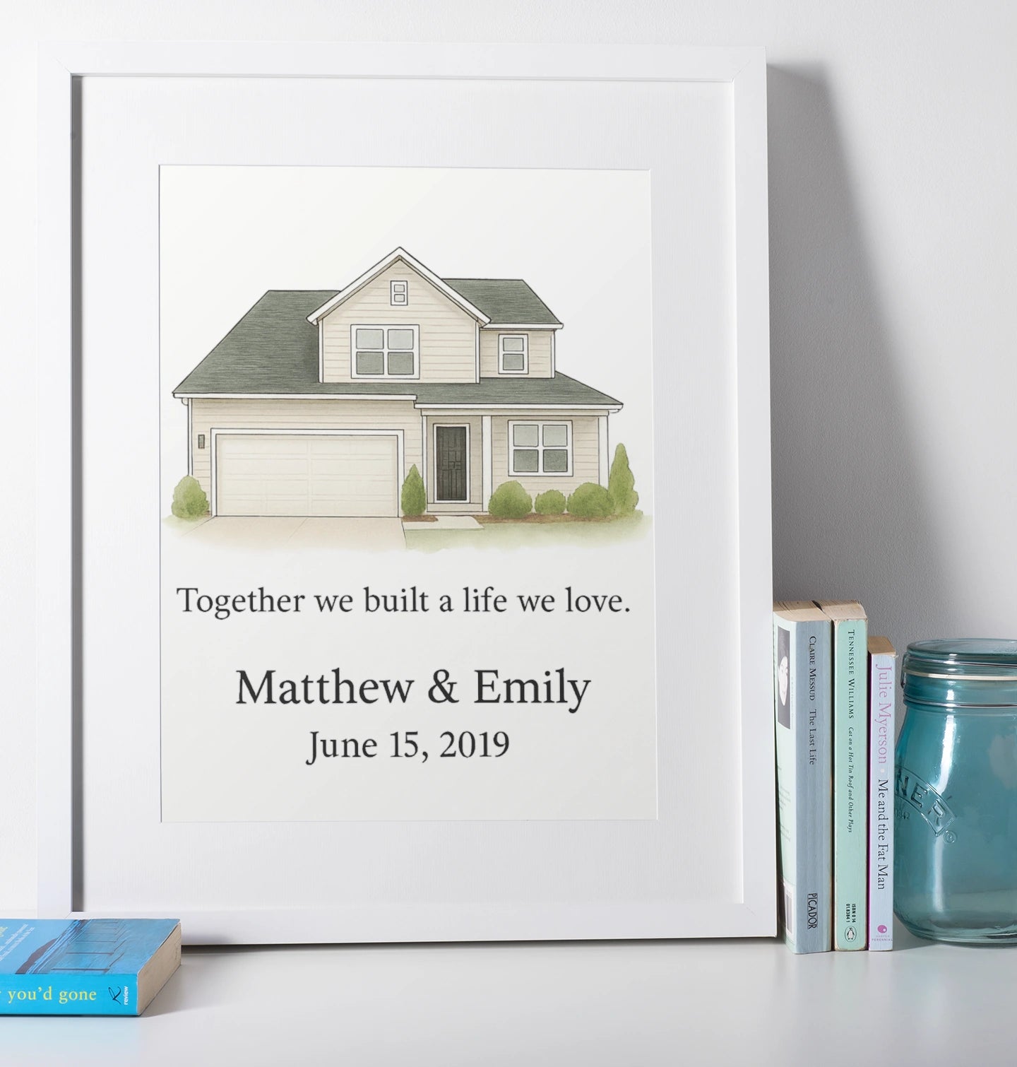 Hand-drawn black and white personalised house illustration with names and date, meaningful couple anniversary or new home gift, custom photo frame artwork.