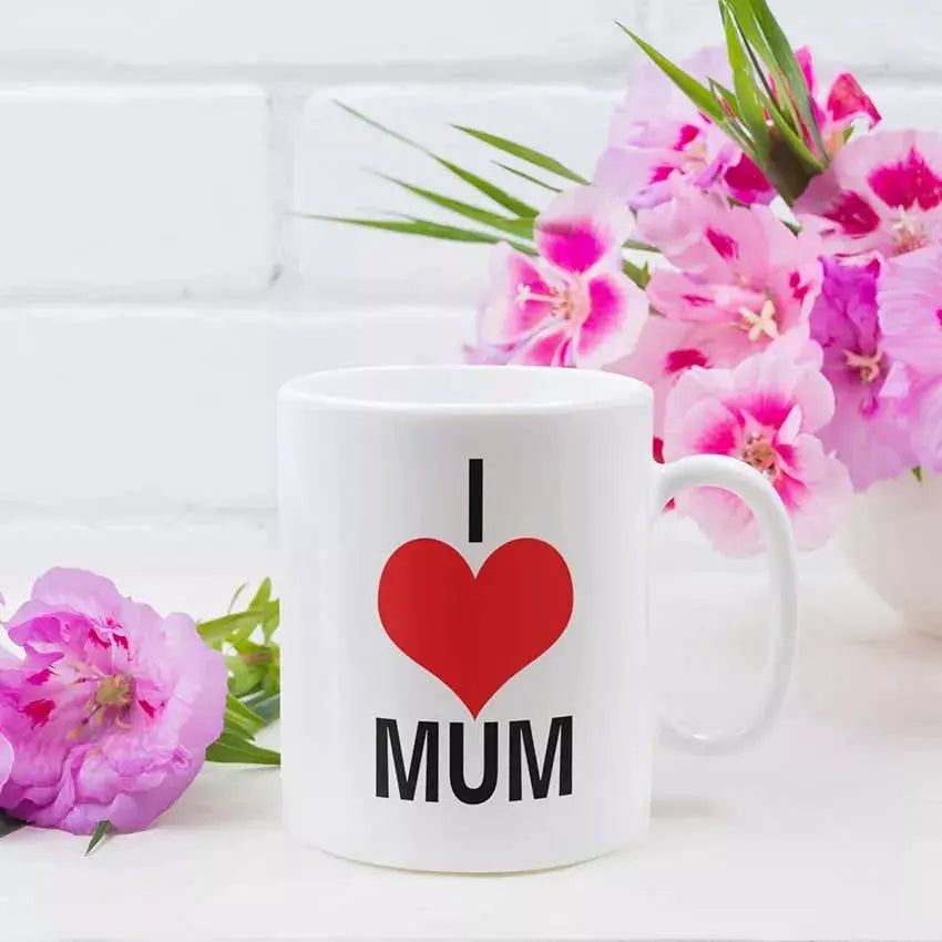 Personalised I Heart Mum Mug featuring its printed design on a ceramic mug