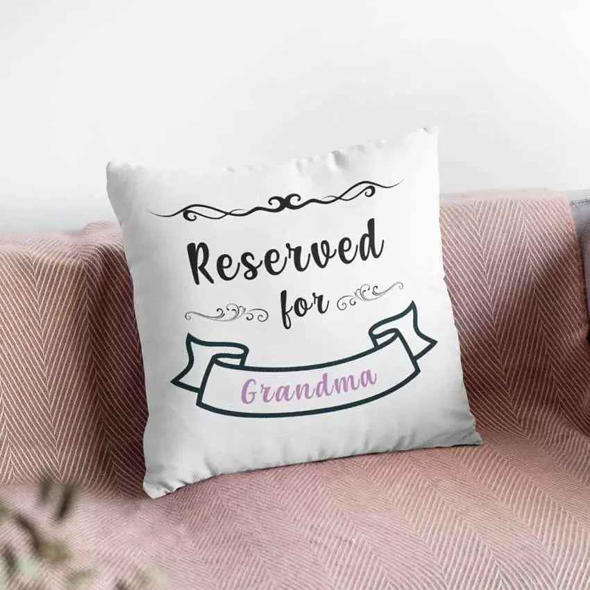 Personalised Reserved for Grandma cushion cover with custom name, thoughtful birthday or Mother's Day gift from grandchildren.