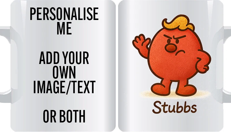 Stubbs blonde quiff personalised mug – funny bossy character gift, custom name – personalised gift mug