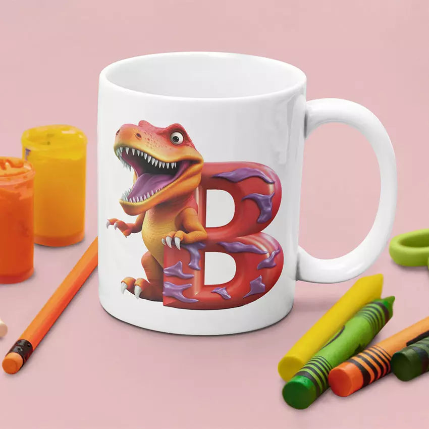 Custom dinosaur name mug gift for boys and girls with colourful T-Rex print