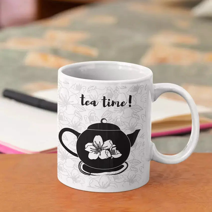Personalised Tea Time ceramic mug featuring the Tea Time design with an optional custom name or message on the reverse.