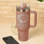 Personalised Teacher Tumbler Gift - Teaching is a Work of Heart Engraved Stainless Steel Travel Cup with Teacher Name in Blush Pink