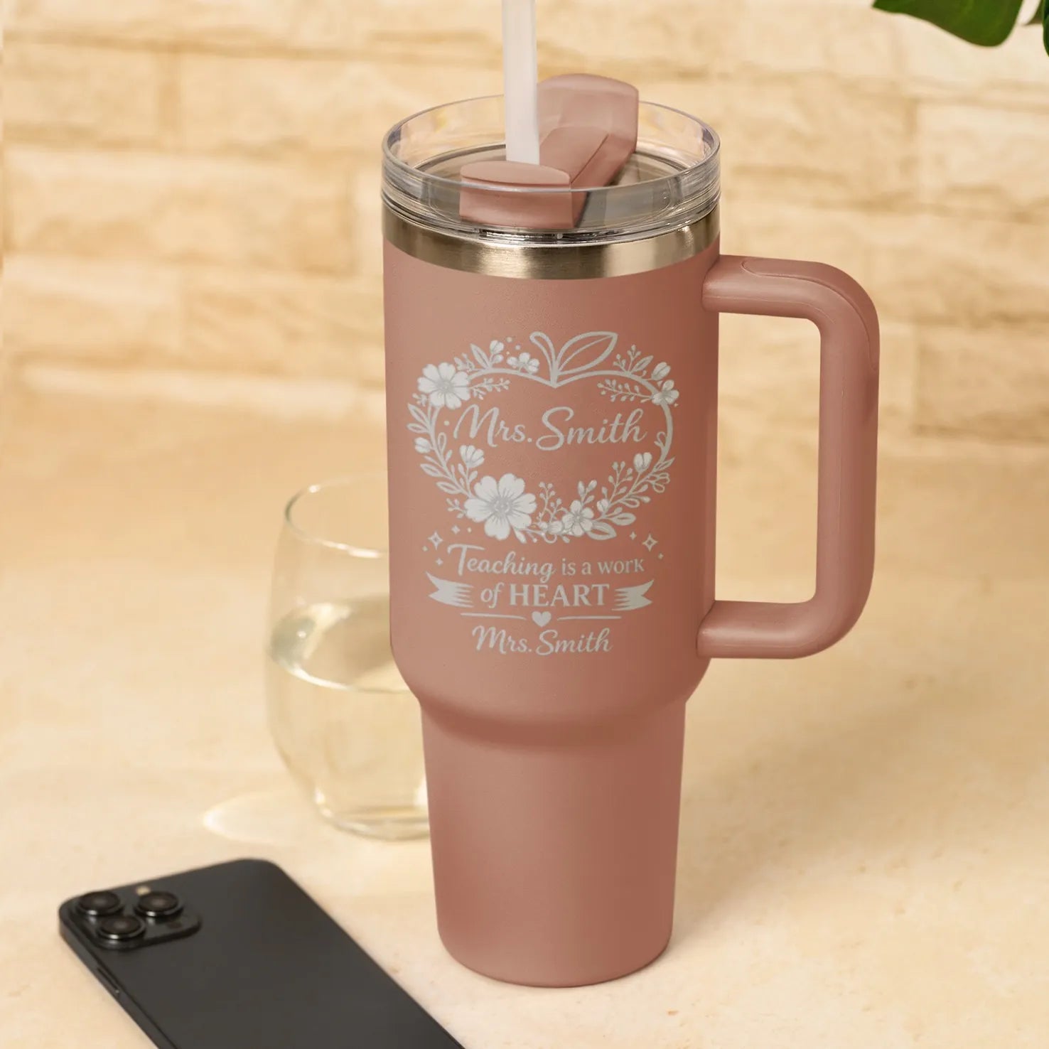 Personalised Teacher Tumbler Gift - Teaching is a Work of Heart Engraved Stainless Steel Travel Cup with Teacher Name in Blush Pink