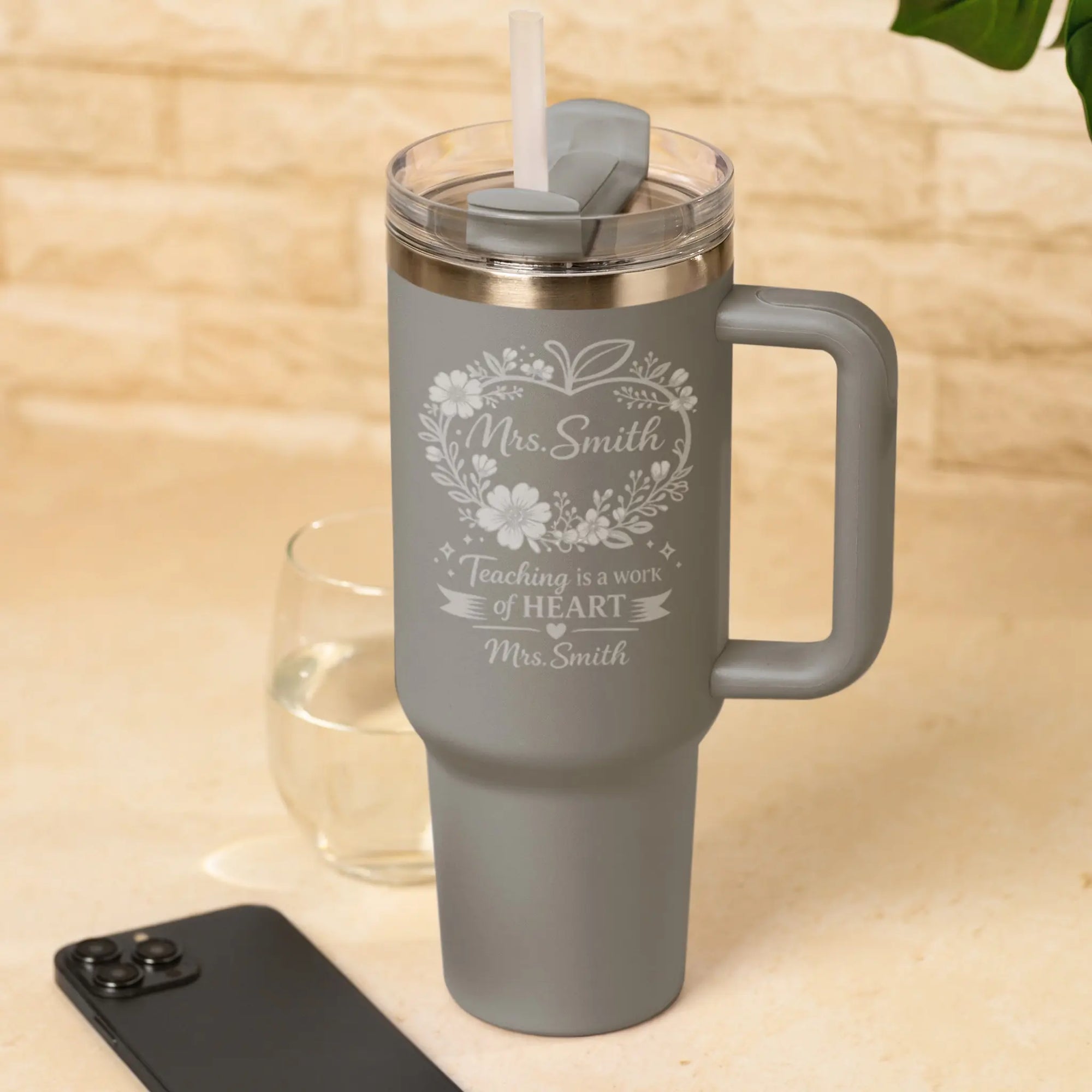 Personalised Teacher Tumbler Gift - Teaching is a Work of Heart Engraved Stainless Steel Travel Cup with Teacher Name in Light Grey