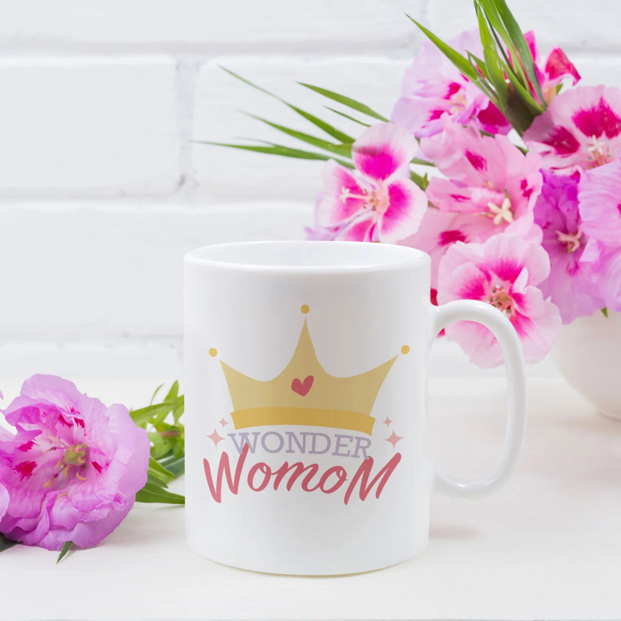 Funny personalised “Wonder WoMom” mug with custom photo and message printed on reverse side