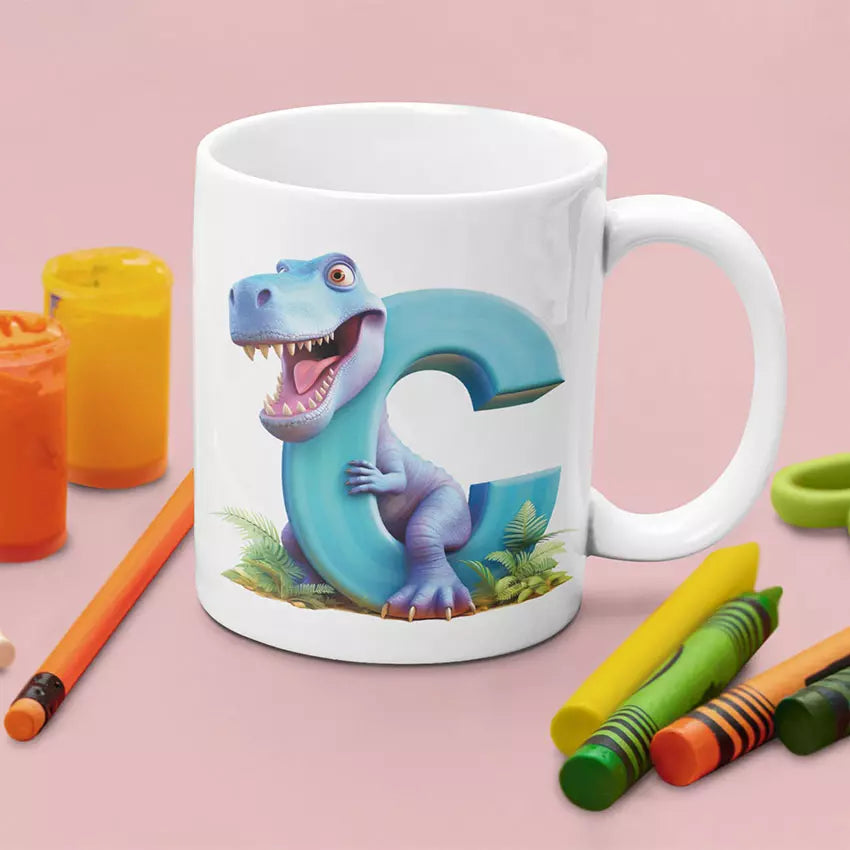 Personalised dinosaur coffee mug with initial and name gift for children UK