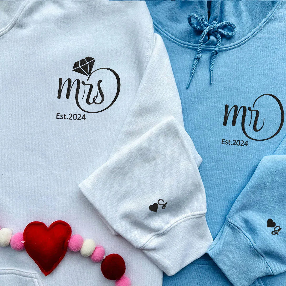 Personalised embroidered couple hoodies with MR and MRS design, custom established year and sleeve initial, wedding and anniversary gift