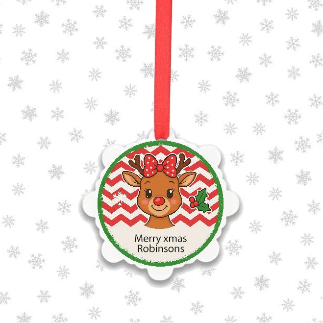 Personalised family reindeer Christmas ornament with custom message and scalloped edge
