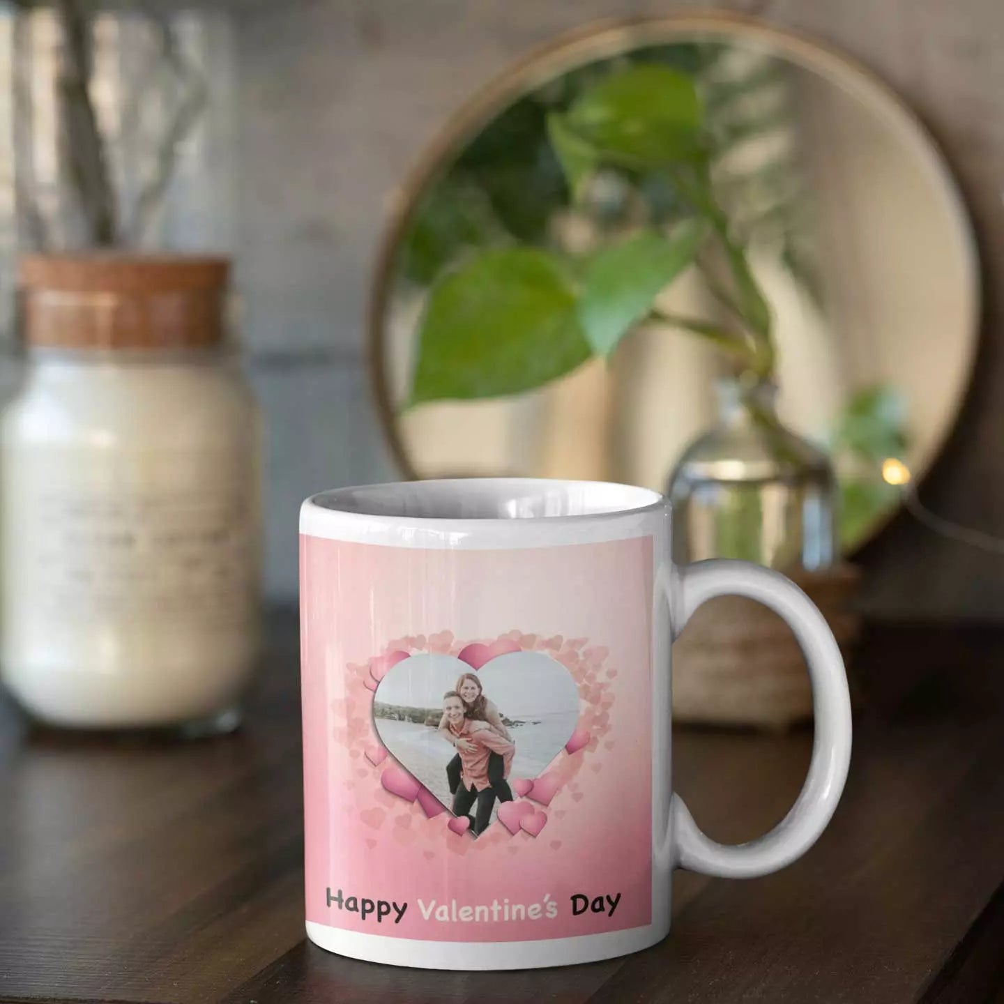 Custom soulmate photo mug with hearts and personalised text