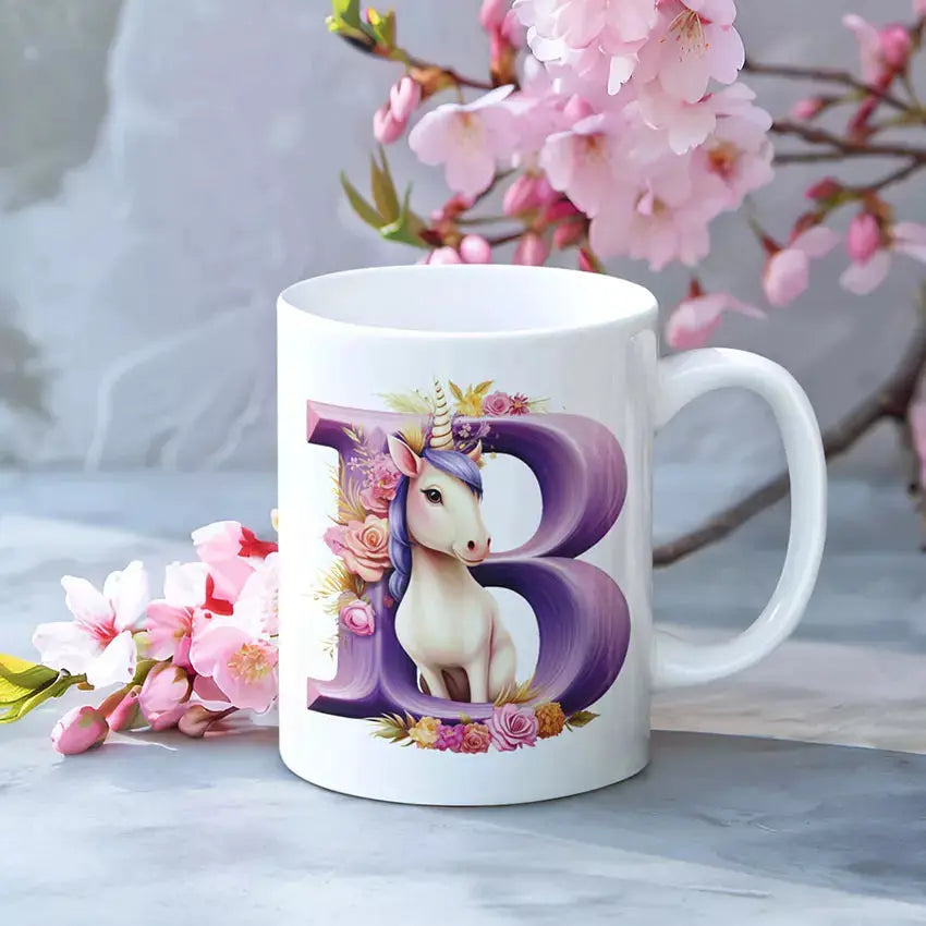 Personalised unicorn initial and name white mug