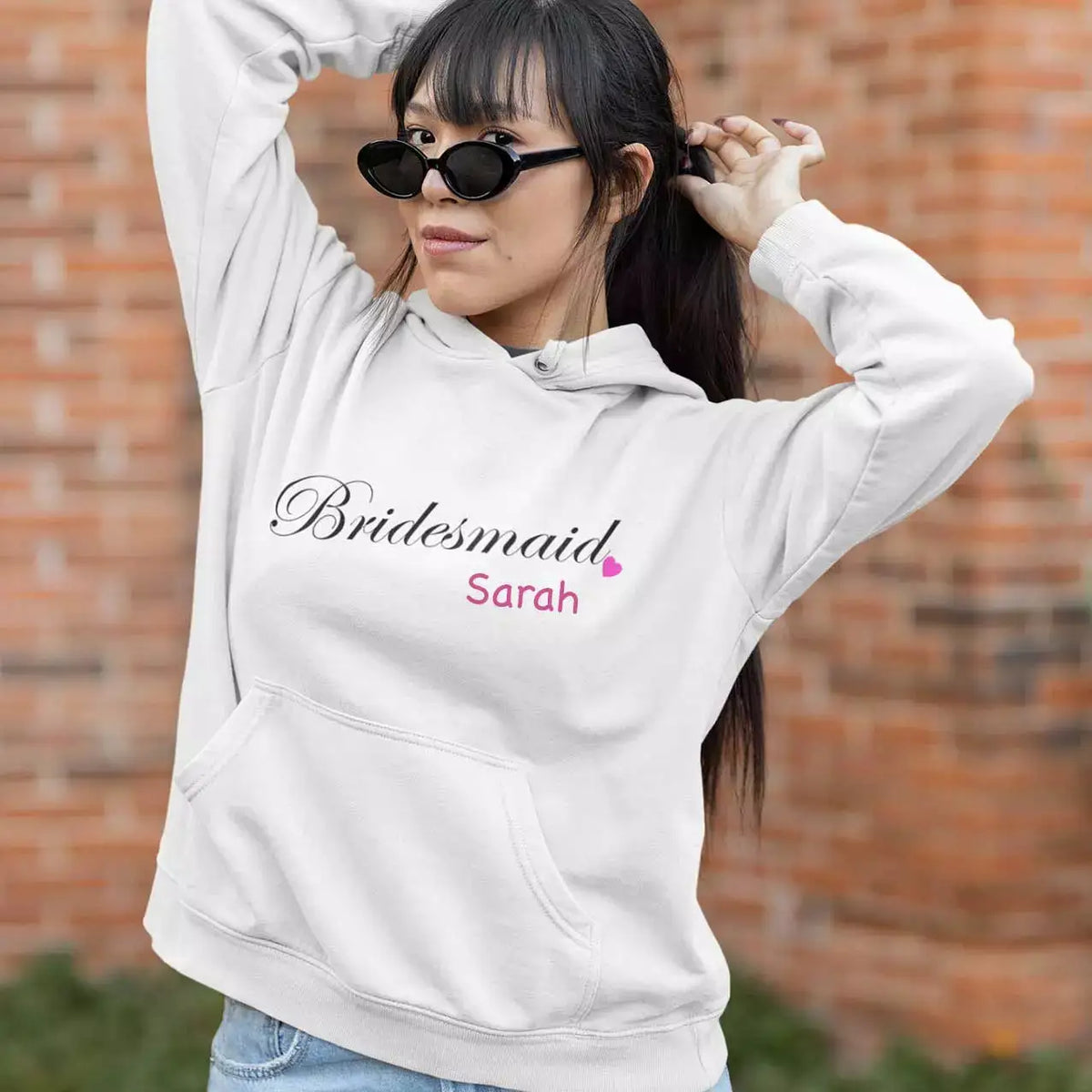 Personalised white bridesmaid hoodie with custom name