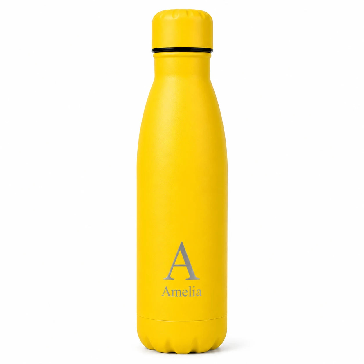 Personalised yellow thermal water bottle engraved with custom name and initial, stainless steel insulated drinks bottle gift for birthdays, teachers, school, gym, travel and everyday use