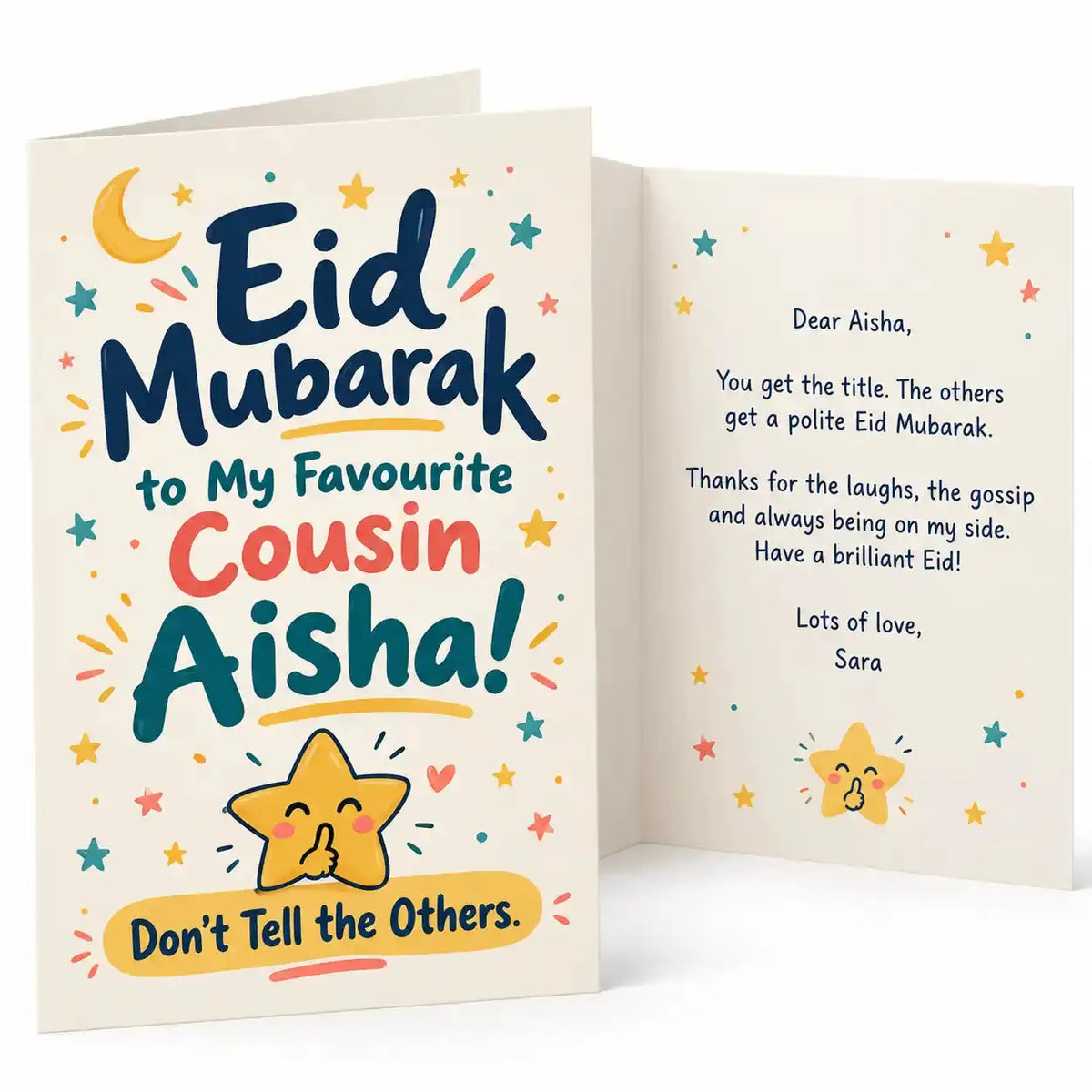 Personalised funny Eid card for cousin with Aisha name, Favourite Cousin Don't Tell the Others slogan and smiling shushing star.