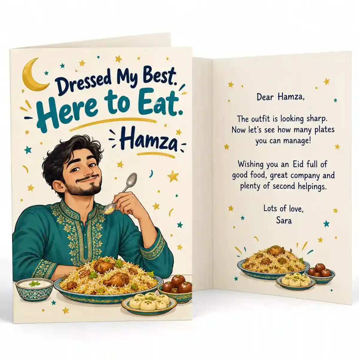 Personalised funny Eid card with Hamza name, Dressed My Best Here to Eat slogan and man in traditional teal outfit enjoying biryani.
