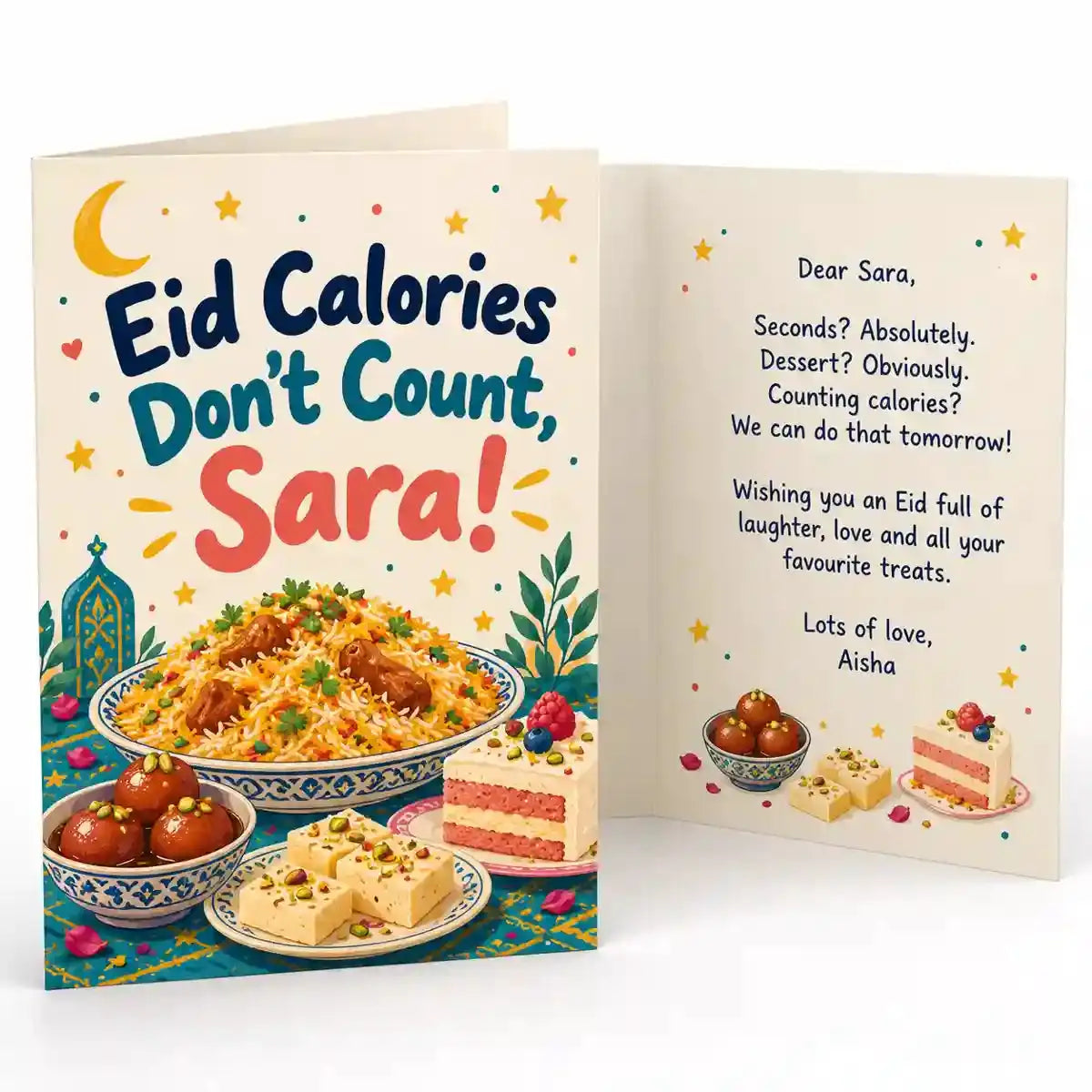 Personalised funny Eid card with Sara name, Eid Calories Don't Count slogan and colourful biryani, traditional sweets and cake illustrations.