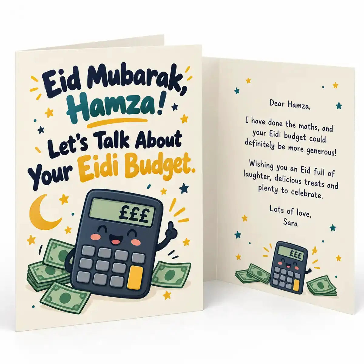 Funny personalised Eidi budget greeting card showing colourful calculator and money artwork with custom name and personalised inside message.