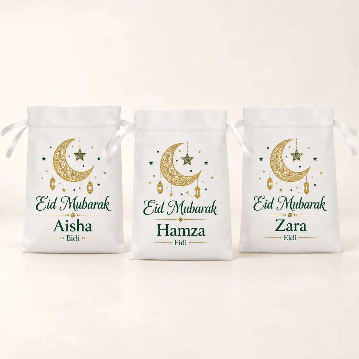 White personalised Eid money drawstring pouch 15 x 19 cm featuring ornate gold crescent moon, hanging lanterns and custom name