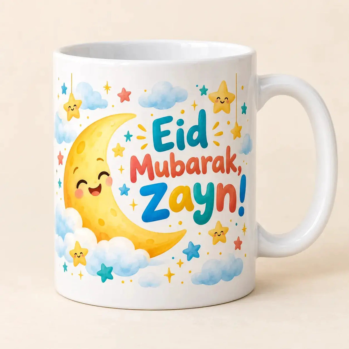 Personalised Eid Mubarak kids mug with smiling crescent moon, colourful stars and clouds, featuring the name Zayn – custom Eid gift for children.