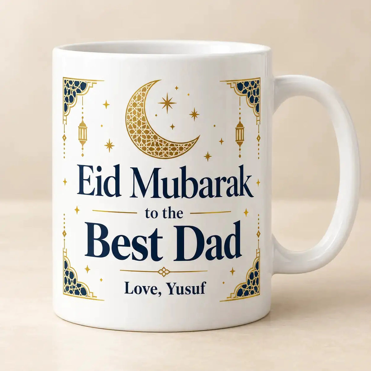 Personalised Eid Mubarak Best Dad mug with navy-blue and gold crescent moon design, featuring the message Love, Yusuf – Eid gift for Dad.