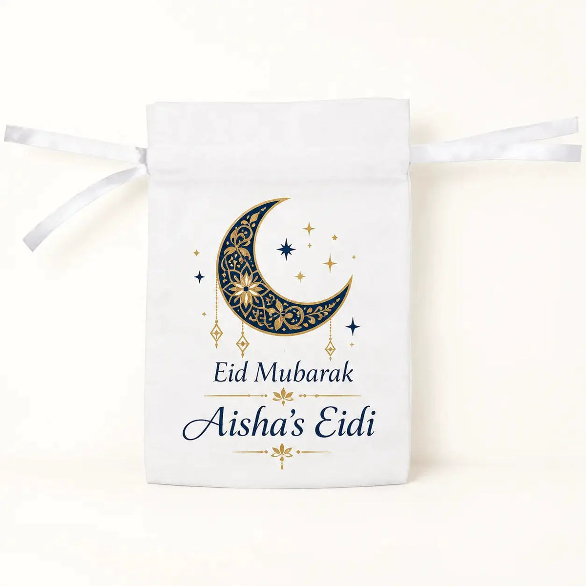 Personalised Eid money pouch with navy and gold floral crescent moon, Eid Mubarak greeting and custom name Aisha's Eidi