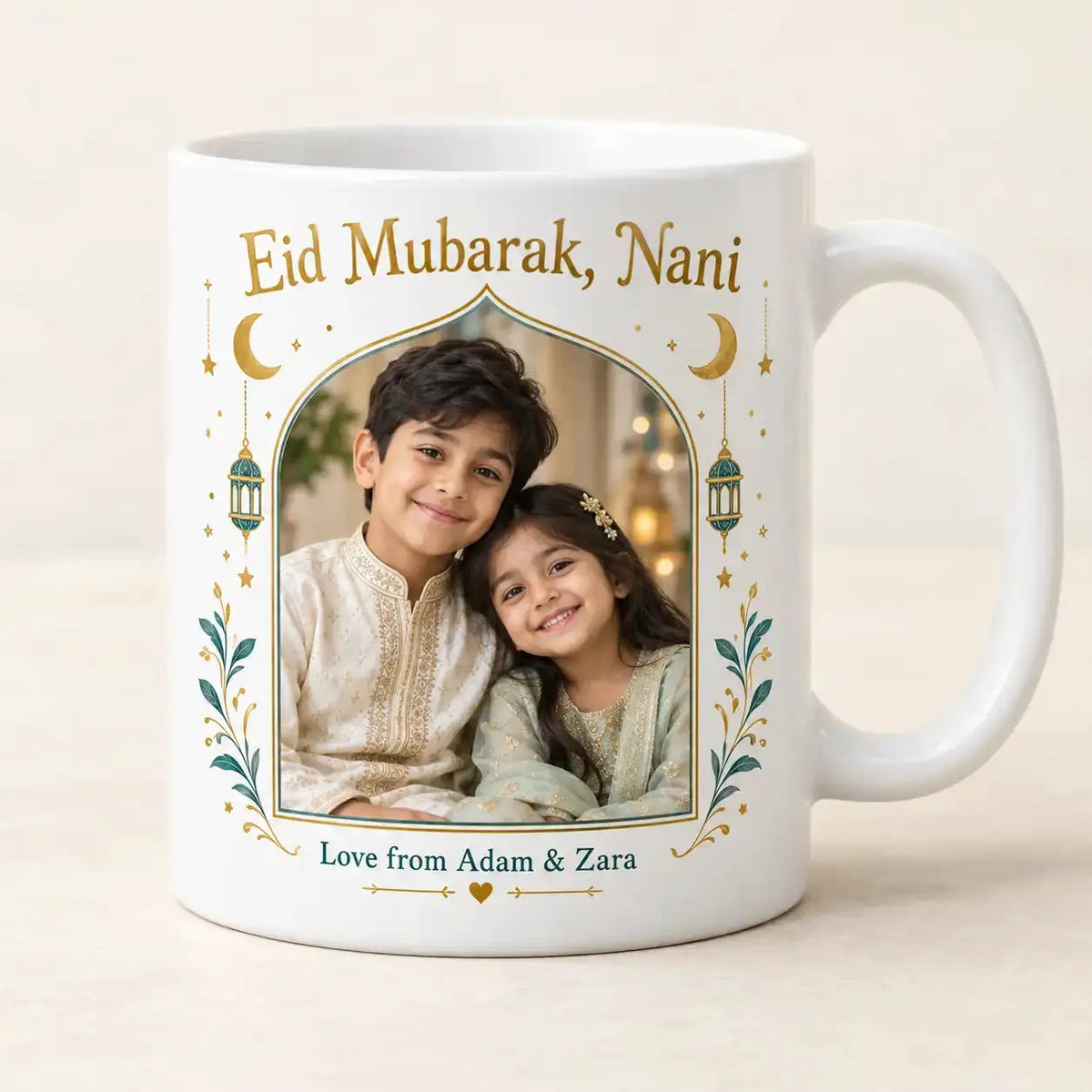 Personalised Eid Mubarak photo mug for Nani with children's photograph, gold and green festive frame and custom message Love from Adam & Zara.