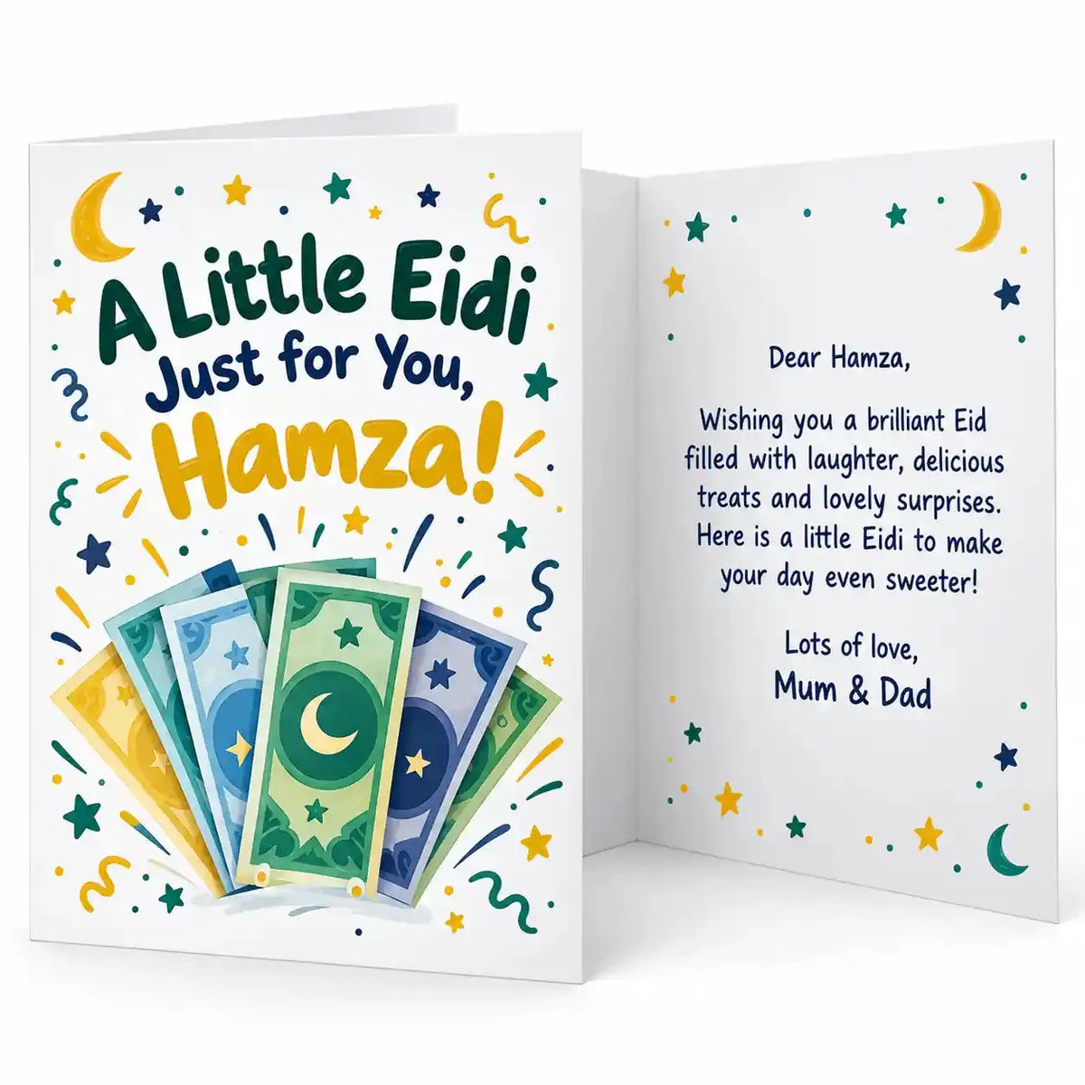 Personalised Eidi money card with Hamza name, colourful illustrated Eid banknotes, crescent moons, stars and playful lettering.