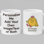 Elegant Princess Glimmer personalised mug, white ceramic with golden crown design, ideal custom name gift for a friend or family member.