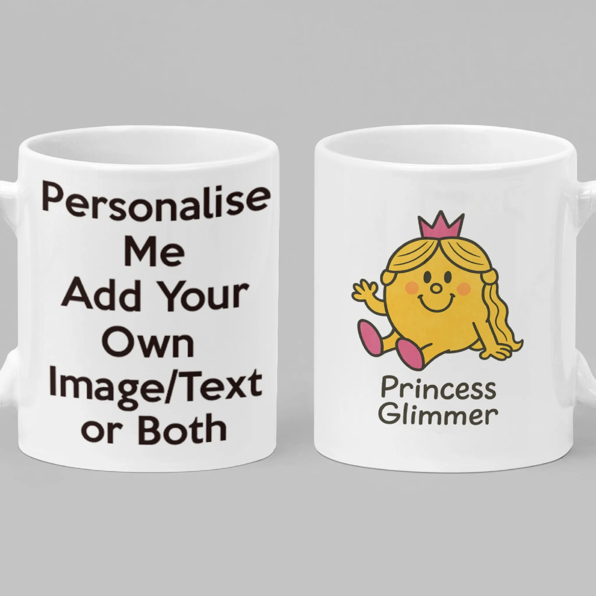 Elegant Princess Glimmer personalised mug, white ceramic with golden crown design, ideal custom name gift for a friend or family member.