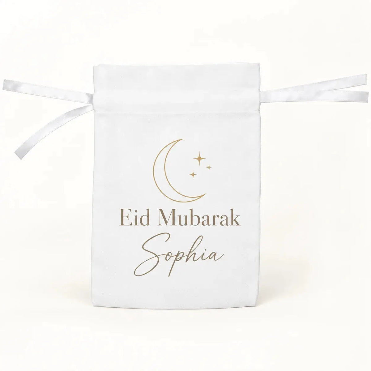 Personalised Eid money pouch with minimalist gold crescent moon, three stars, Eid Mubarak greeting and custom name Sophia