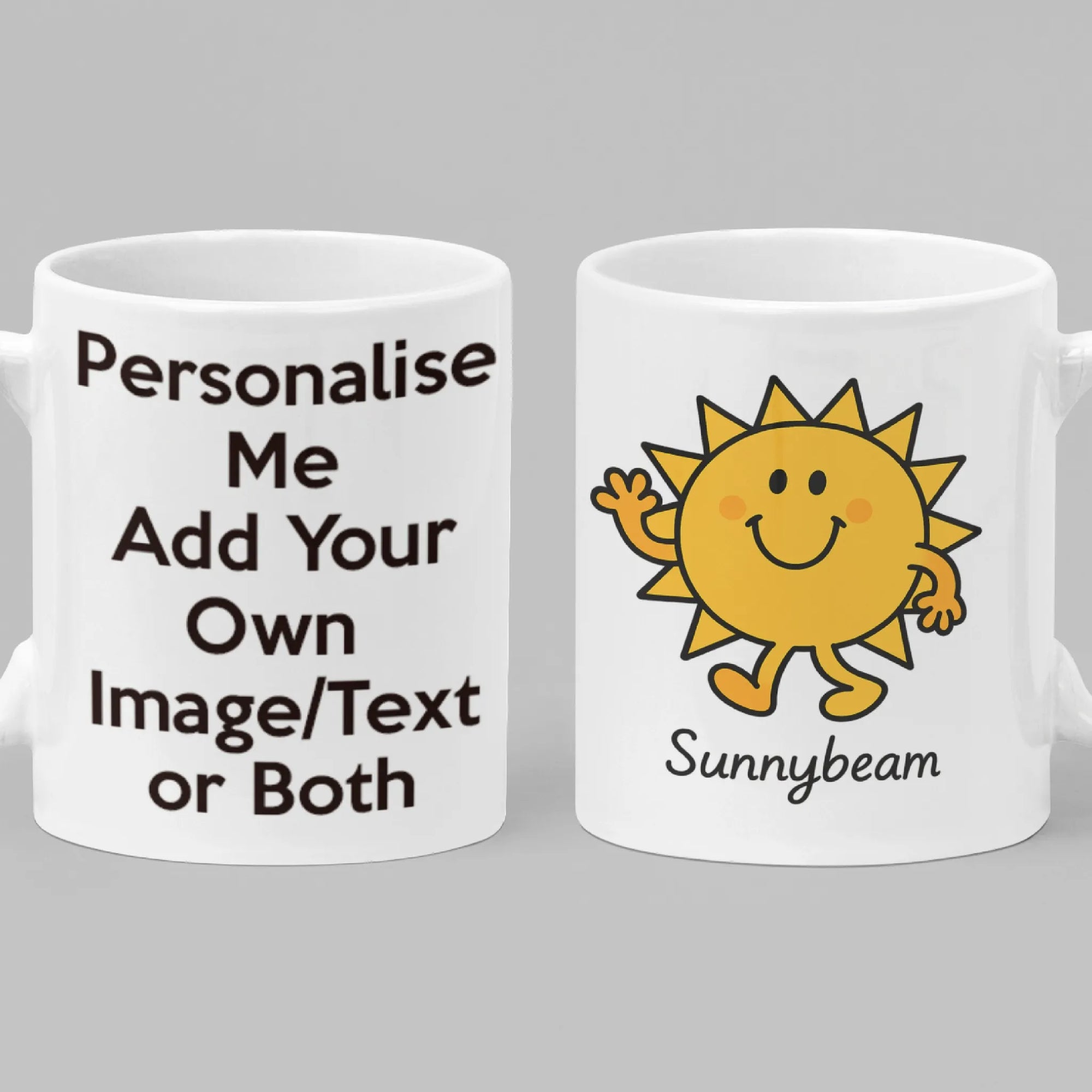 "Miss Sunshine Sunnybeam personalised mug – cheerful sun character custom coffee cup gift"