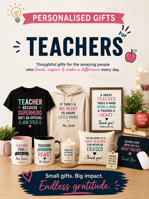 custom teacher appreciation gifts personalised mugs candles cushions framed prints thank you teacher end of term gifts