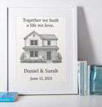 Custom house illustration print featuring couple’s home and anniversary date.