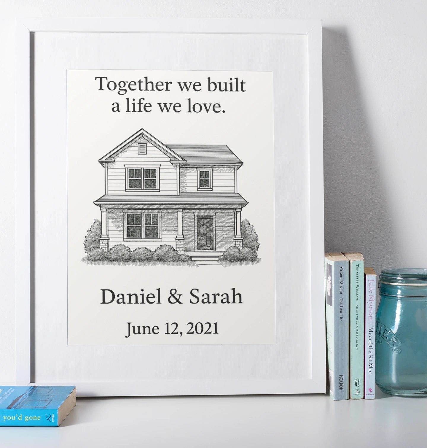 Custom house illustration print featuring couple’s home and anniversary date.