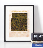 Personalised “Where It All Began” map wall art with custom dates, names, and gold line design.
