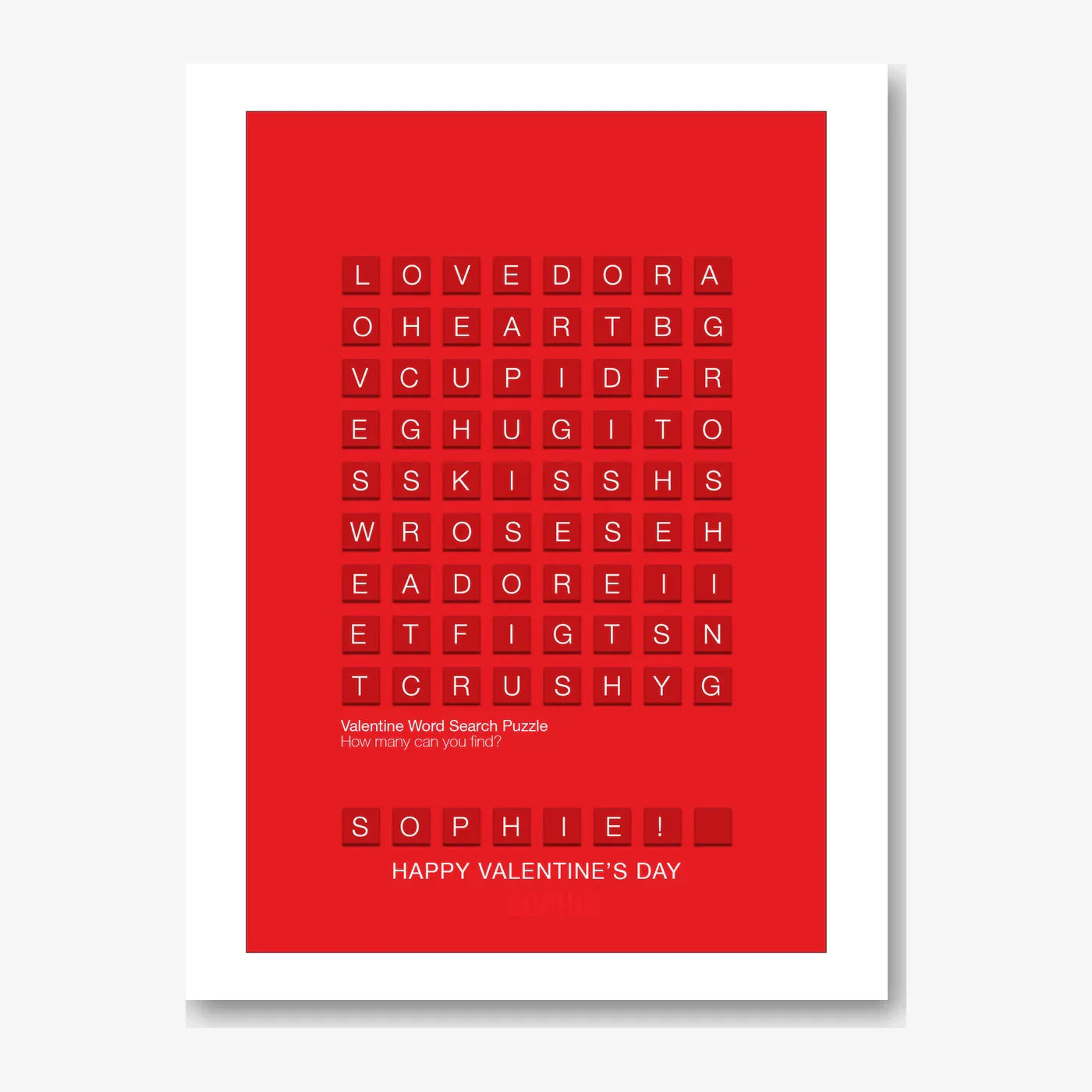 Love Word Search Puzzle – Personalised Card (Front & Inside) – personalised Valentine card, custom romantic greeting or anniversary card; make your own unique card.