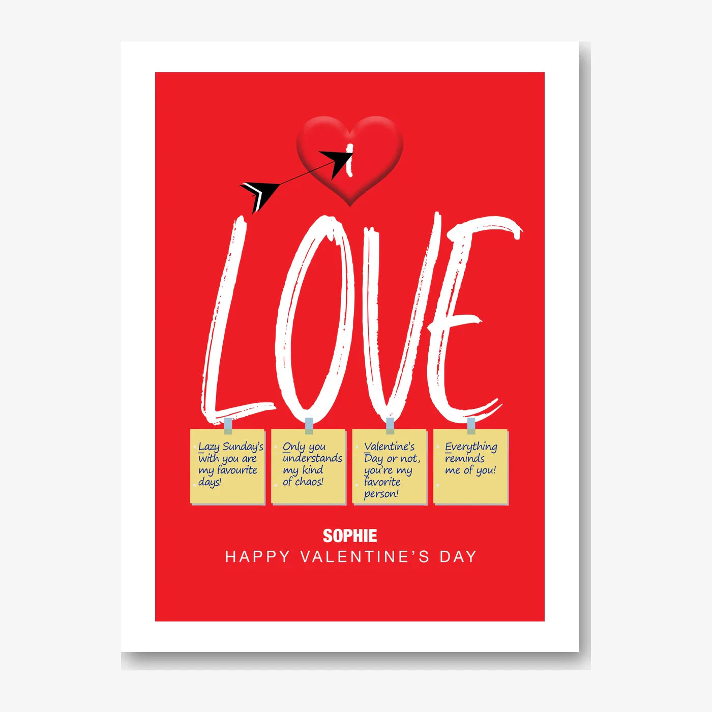 Love Notes & Arrow Heart – Personalised Card – personalised Valentine card, custom romantic greeting or anniversary card; make your own unique card.