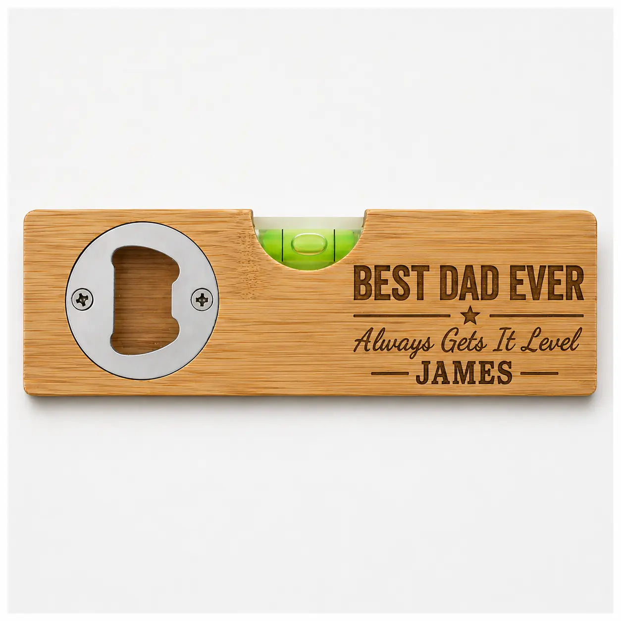 Personalised Best Dad bamboo spirit level and bottle opener with custom name
