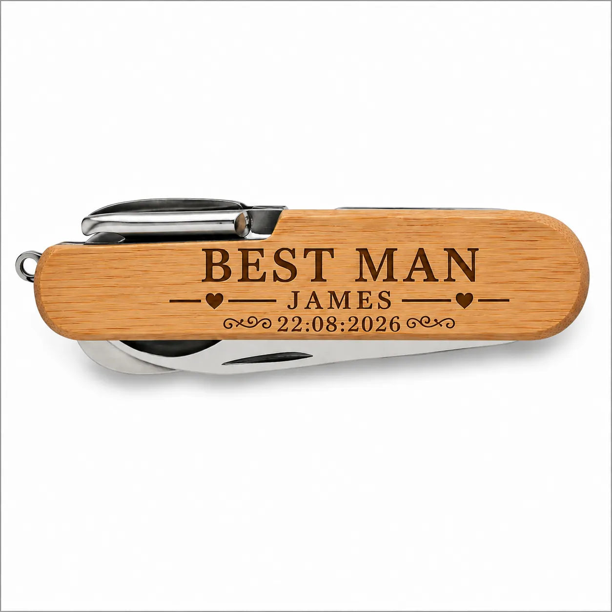 Personalised Best Man 9-in-1 bamboo multi-tool with name and wedding date