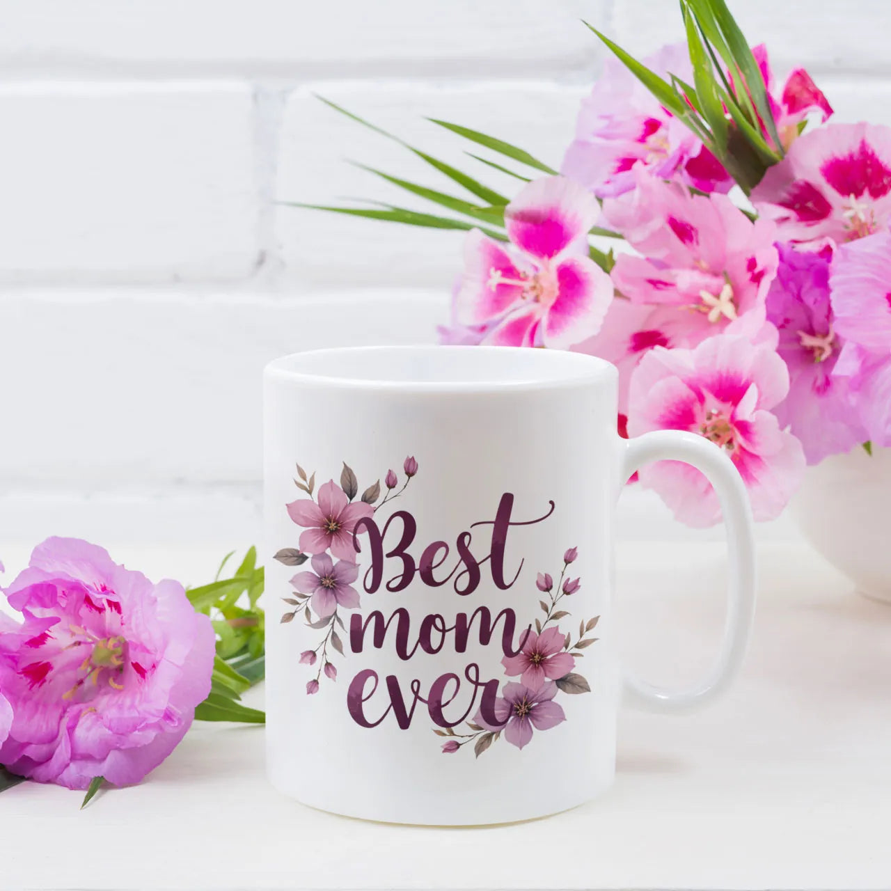 Personalised Best Mom Ever floral mug gift with custom photo or message on reverse side