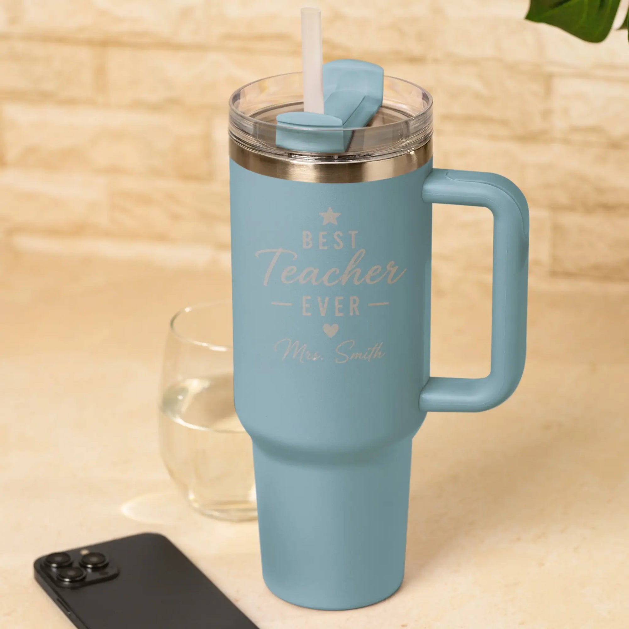 Personalised Best Teacher Ever Light Blue Tumbler engraved with teacher name, insulated reusable travel mug with handle and straw.