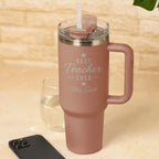 Personalised Best Teacher Ever Light Pink Tumbler with engraved teacher name, insulated travel mug with handle, personalised thank you teacher gift.