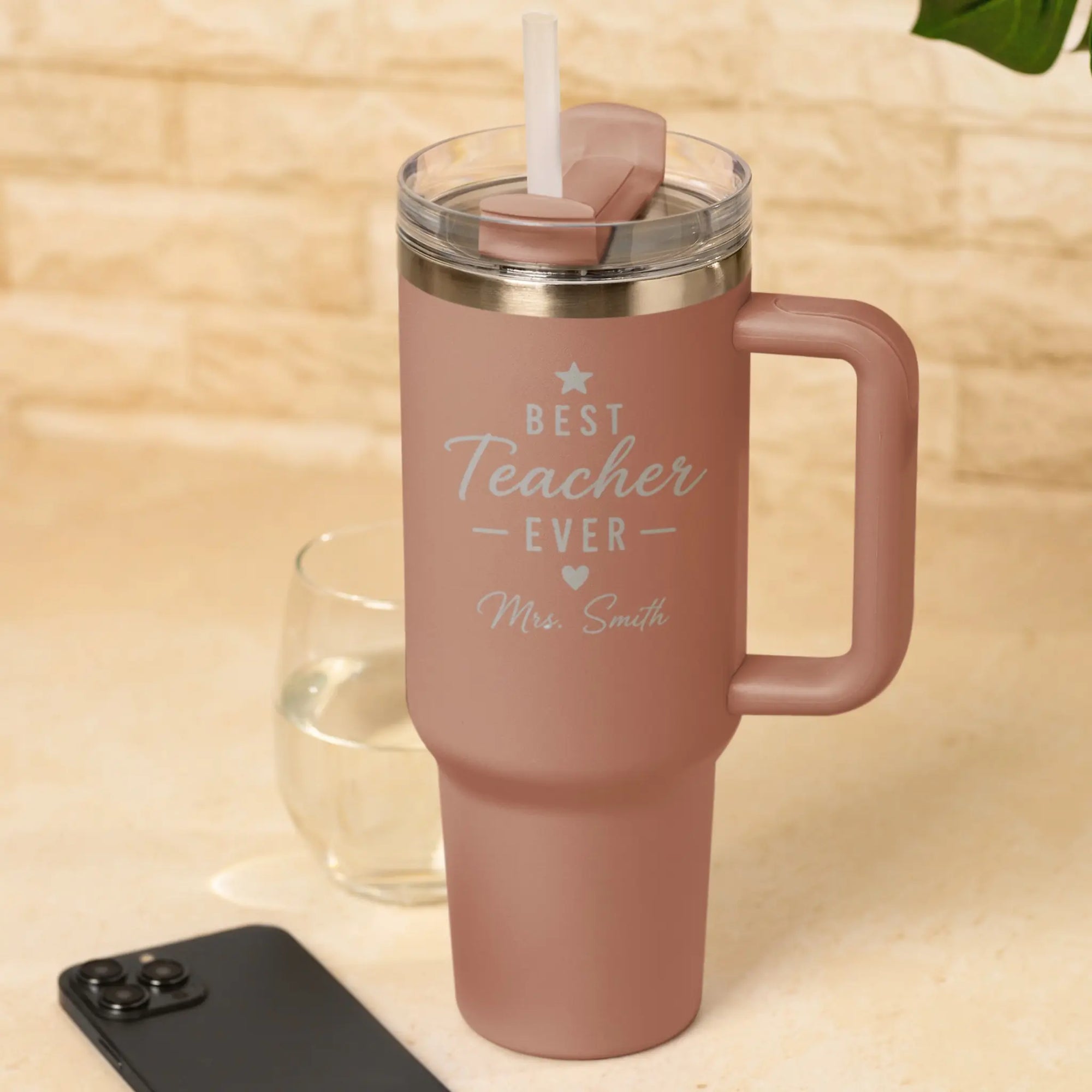 Personalised Best Teacher Ever Light Pink Tumbler with engraved teacher name, insulated travel mug with handle, personalised thank you teacher gift.
